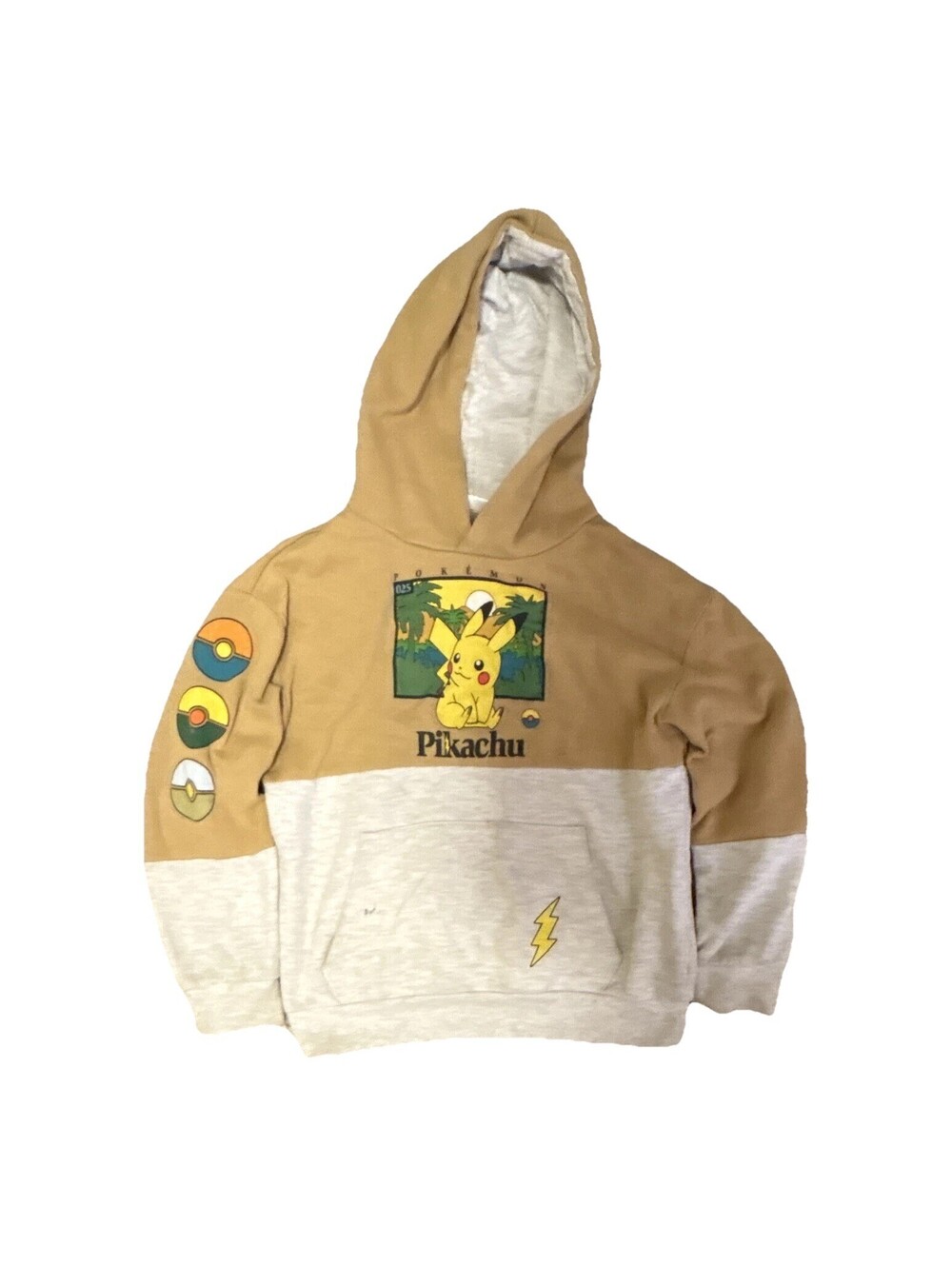 VTG style Kids M Pokémon Pikachu Pullover Hoodie Fleece Tan/Gray